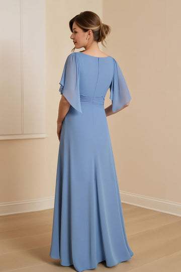 Dusty Blue A Line V Neck Chiffon Mother of the Bride Dress with Appliques
